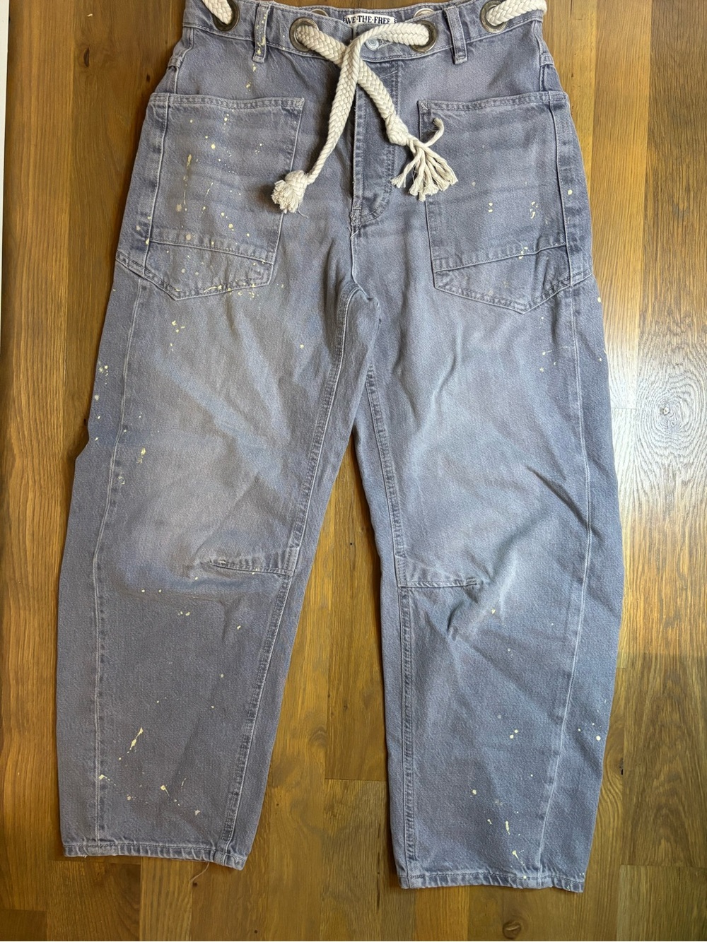 We the free Moxi pull on barrel jeans “little darlin” paint splatter jeans